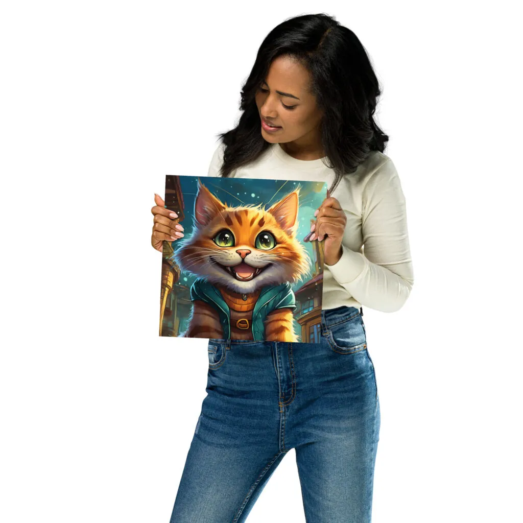 Poster chat souriant dans la nuit style cartoon format 25,4 x 25,4 cm