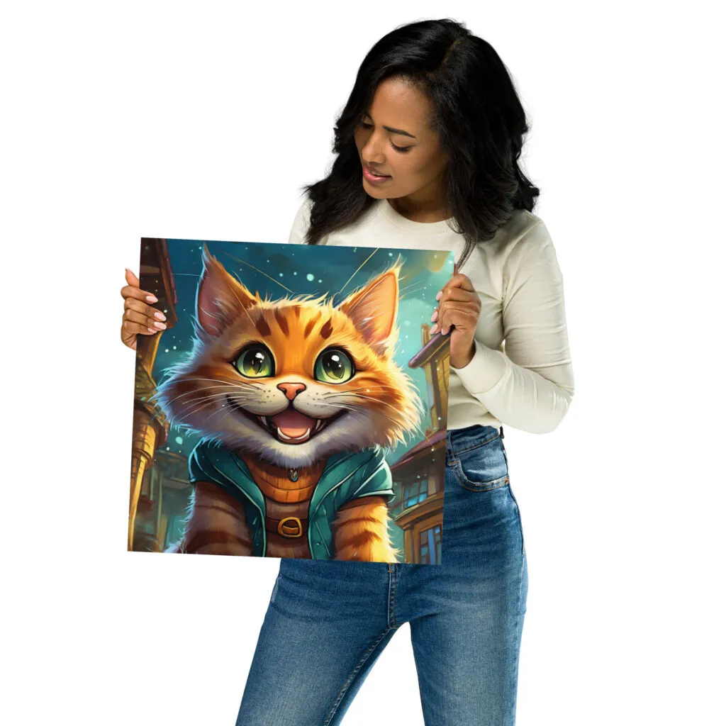 Poster chat souriant dans la nuit style cartoon format 35,5 x 35,5 cm