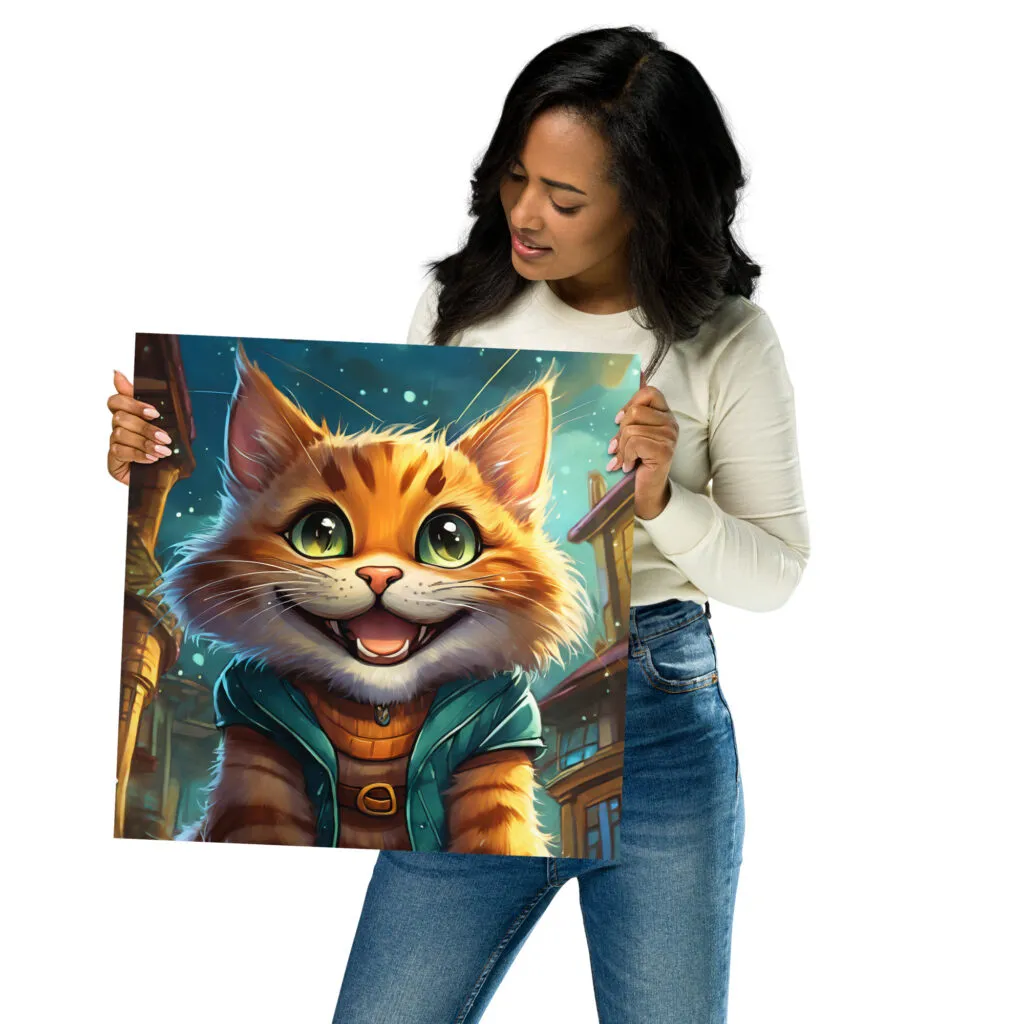 Poster chat souriant dans la nuit style cartoon format 40,6 x 40,6 cm