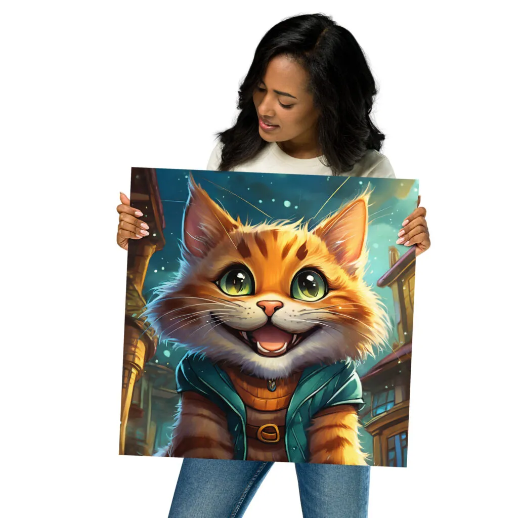 Poster chat souriant dans la nuit style cartoon format 45,7 x 45,7 cm