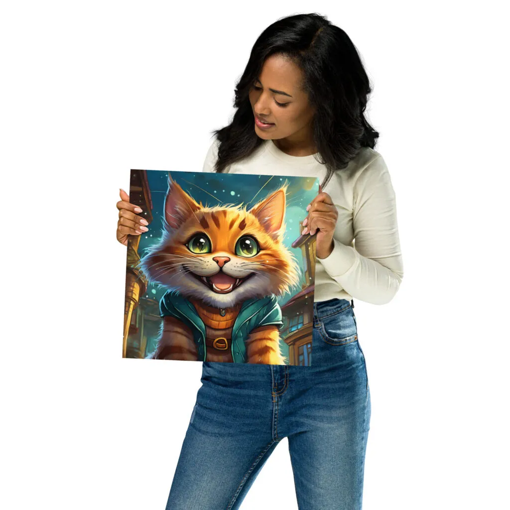 Poster chat souriant dans la nuit style cartoon format30,5 x 30,5 cm