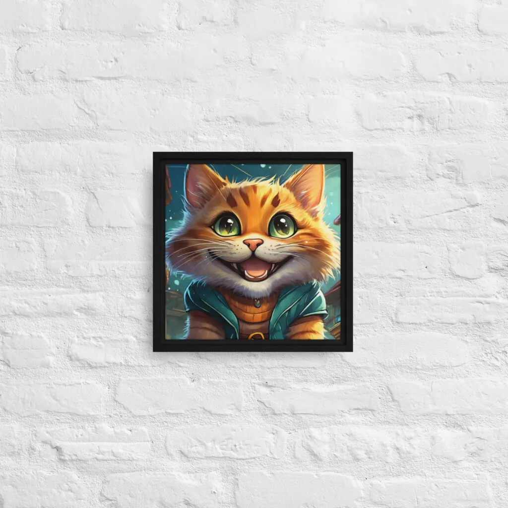 Tableau sur toile avec cadre chat souriant dans la nuit format 305 x 305mm