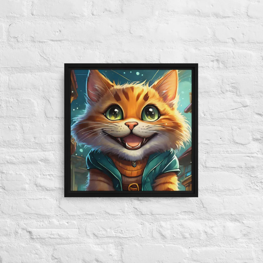 Tableau sur toile avec cadre chat souriant dans la nuit format 406 x 406mm